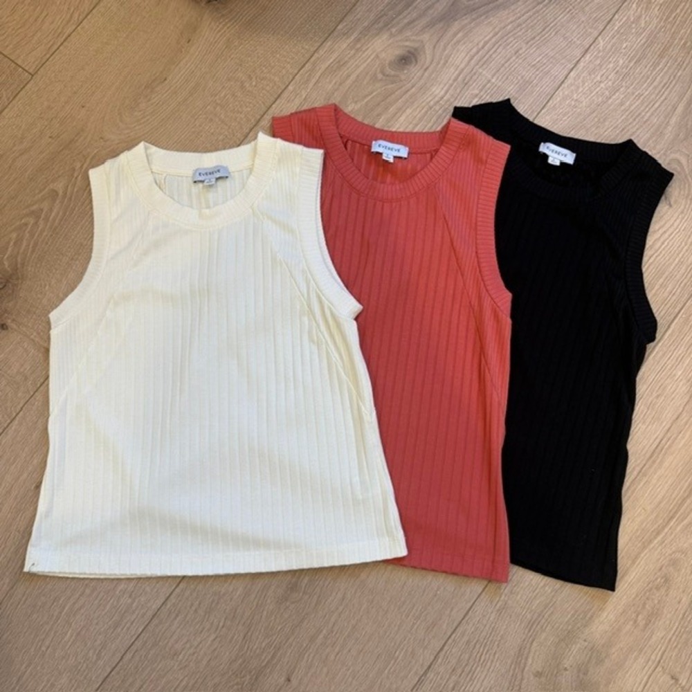 Evereve Ribbed Tank Top Set of 3 | Black, Coral, White | Size S - Picture 1 of 16
